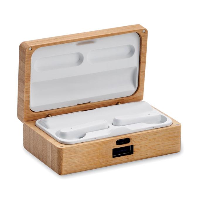 TWS earbuds in bamboo case OREBAM